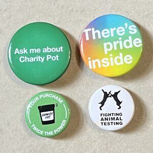4 LUSH Cosmetics Staff Buttons: Charity Pot/Pride/Fighting Animal Testing Pins